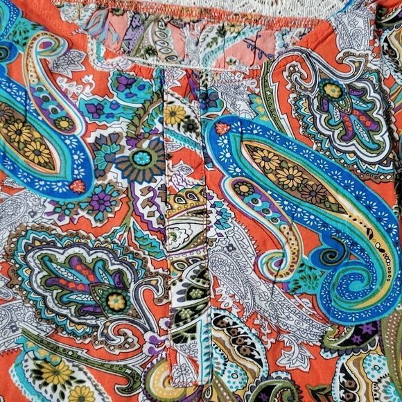 🔺️Adiktd Cream Lace & Multicolored Paisley Cap Sleeve Boho Top Large - Picture 6 of 9